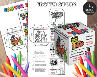 May include: A printable Easter Story cube with illustrations and text, including "Jesus' Triumphal Entry into Jerusalem" and "The Last Supper." The design features a cross, chalice, and bread, with instructions and crayons.