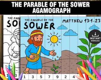 Puede incluir: Un agamógrafo colorido que representa la parábola del sembrador. La imagen muestra una ilustración de dibujos animados de un hombre sembrando semillas, con el texto "THE PARABLE OF THE SOWER" y "MATTHEW 13:1-23".