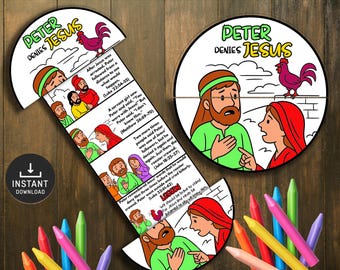 May include: A colorful, illustrated children's educational toy with the text "Peter Denies Jesus." The toy features a circular design with a rooster and several illustrated panels depicting a biblical story. A set of crayons is at the bottom.