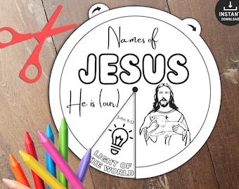 Names of Jesus Coloring Wheel, Christmas, Bible Activity, Memory Game, Sunday School, Kids Bible Lesson, Coloring wheel, Bible story wheel