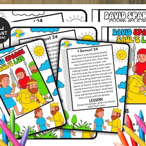 May include: A collection of printable colouring pages titled "David Spares Saul's Life" with illustrations of biblical scenes. The pages feature text from 1 Samuel 24 and include a lesson on kindness. Colouring pencils are scattered around the pages.