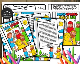 May include: A collection of printable colouring pages titled "David Spares Saul's Life" with illustrations of biblical scenes. The pages feature text from 1 Samuel 24 and include a lesson on kindness. Colouring pencils are scattered around the pages.