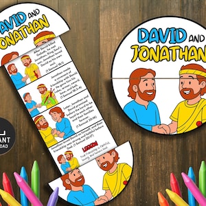 May include: A colorful educational toy featuring the text "David and Jonathan" in a playful font. The design includes illustrations of two men and text describing their friendship. The words "Instant Download" are also visible.