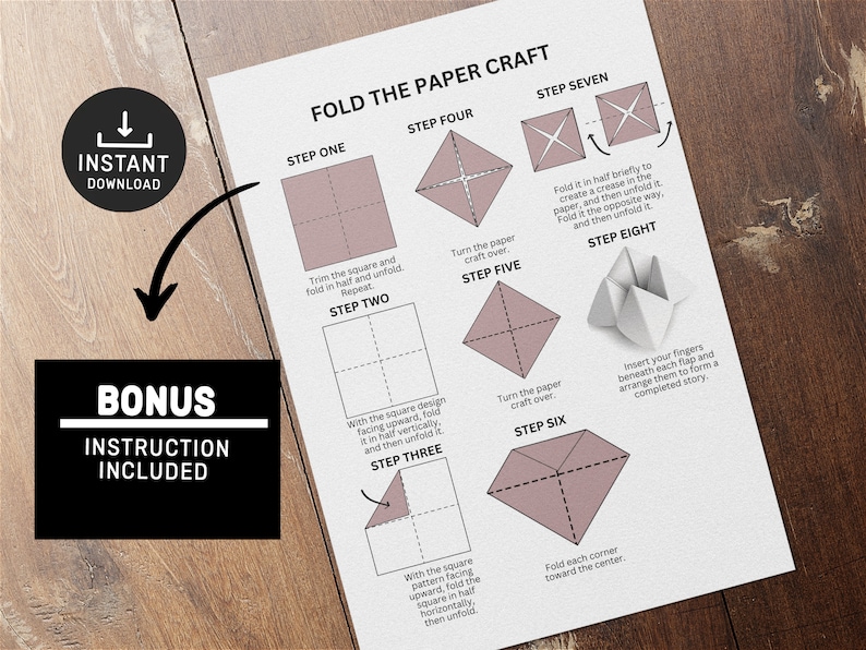 May include: A printable origami paper craft instruction sheet with eight steps. The steps are illustrated with diagrams of a square piece of paper being folded into a bird shape. The title of the sheet is "Fold the Paper Craft".