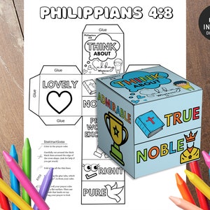 Think about such things Philippians 4:8 Coloring Cube, Bible Activity, Kids Bible Lesson, Memory Game, Sunday School crafts, Coloring Wheel
