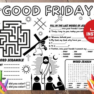 Good Friday Activity Placemat, Holy Week, Sunday School, Bible Placemat, Sunday School Crafts, Church Kids Activity, Easter Sunday Craft