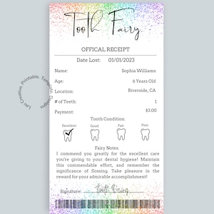 Certificat imprimable de reçu modifiable de fée des dents | Première dent perdue | Lettre réaliste de fée des dents | Lettre de fée des dents pour enfants | Dent perdue