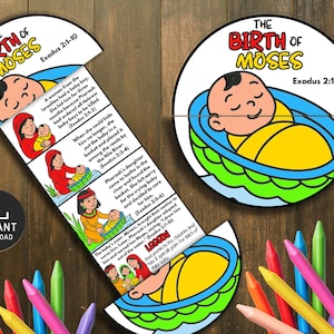 Può includere: Un puzzle educativo per bambini che raffigura la nascita di Mosè, con testo da Esodo 2:1-10. Il puzzle mostra illustrazioni di Mosè in un cesto. Un set di pastelli colorati è disposto attorno al puzzle.
