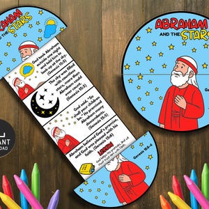 以下が含まれることがあります： 「アブラハムと星」のテキストが入った、カラフルな教育玩具。アブラハム、星、創世記15:5-6からの聖書のイラストが特徴です。ダウンロードアイコンとクレヨンが含まれています。