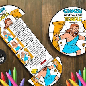 Puede incluir: Un imprimible educativo para niños que presenta la historia de Sansón. El diseño incluye una imagen circular de Sansón destruyendo un templo y una pieza en forma de flecha con ilustraciones y texto secuenciales. Las palabras "Sansón destruye el templo" están en la parte superior.