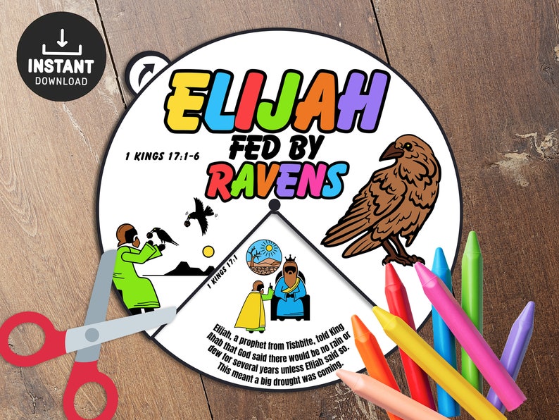 May include: A printable coloring page featuring Elijah fed by ravens. The page includes a colorful title, scripture reference, and illustrations of Elijah, ravens, and a king. The page is designed for children to color.
