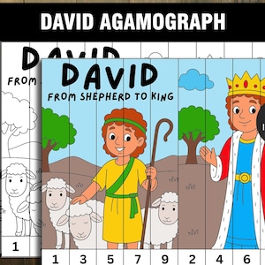 Puede incluir: Un imprimible Agamógrafo de David colorido con un pastor y un rey. La imagen incluye el texto "DAVID FROM SHEPHERD TO KING" e "INSTANT DOWNLOAD". La obra de arte está dividida en secciones numeradas para el montaje.