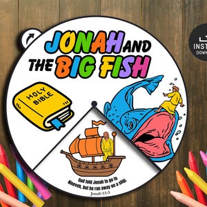 Jonah and the Whale Coloring Wheel, Printable Bible Activity, Kids Bible Lesson, Memory Game, Sunday School, Coloring Wheel, Jonah Craft