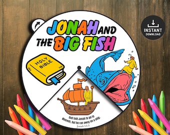Jonah and the Whale Coloring Wheel, Printable Bible Activity, Kids Bible Lesson, Memory Game, Sunday School, Coloring Wheel, Jonah Craft