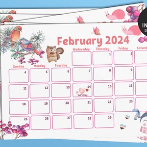 May include: Printable February 2024 calendar featuring a pink and white colour scheme with cute woodland animal illustrations. The calendar includes a squirrel, birds, a penguin, and a snail.