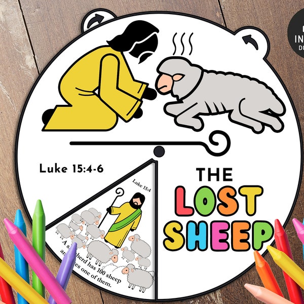 The Lost Sheep Coloring Wheel, Printable Bible Activity, Watercolor, Kids Bible Lesson, Memory Game, Sunday School