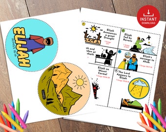 May include: A printable set of colorful illustrations depicting the story of Elijah from the Bible. The illustrations include Elijah announcing a drought, being fed by ravens, praying for rain, and being taken to heaven in a whirlwind. The text "ELIJAH" is written in a large, bold font on a blue background.
