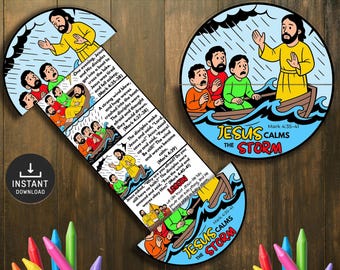 Jesus Calms the Storm Folding Surprise Bible Story Craft, Sunday School, Church Activities, Mini Book