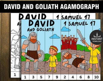 May include: A colorful agamograph featuring the biblical story of David and Goliath. The image shows David, Goliath, and other figures from the story, with the text "DAVID AND GOLIATH" and "1 SAMUEL 17". The image is a downloadable product.