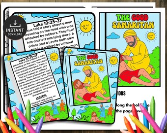 May include: A set of printable coloring pages with the text "The Good Samaritan" and Bible verses. The pages feature illustrations of the story, including a man being helped. The image includes a download icon and a set of colorful crayons.