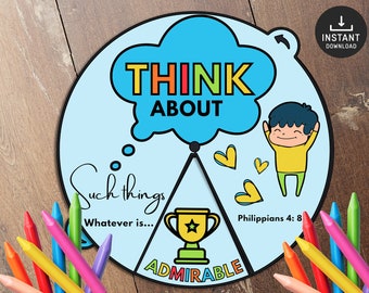 Think about such things Philippians 4:8 Coloring Wheel, Printable Bible Activity, Kids Bible Lesson, Memory Game, Sunday School