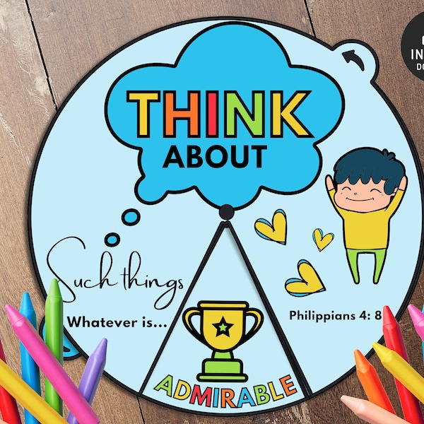 Think about such things Philippians 4:8 Coloring Wheel, Printable Bible Activity, Kids Bible Lesson, Memory Game, Sunday School