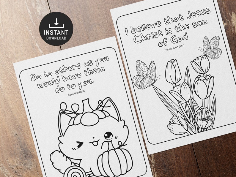 May include: Two black and white colouring pages with Christian themes. The first page features a cute cartoon cat holding a pumpkin with the text "Do to others as you would have them do to you. Luke 6:31 (NIV)". The second page features a bouquet of tulips with butterflies and the text "I believe that Jesus Christ is the son of God. Psalm 106:1 (NIV)".