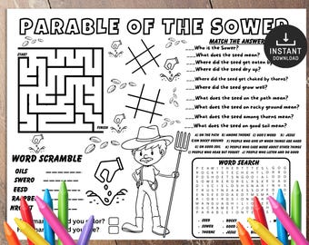 Parable of the Sower Activity Placemat,  Sunday School, Bible Placemat, Church Kid Activity, Sunday School craft, Kids Bible Lesson