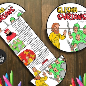 May include: A colorful, illustrated puzzle featuring the text "ELISHA AND THE SYRIANS" and Bible verses. The puzzle depicts scenes with soldiers, a king, and Elisha. The words "INSTANT DOWNLOAD" are also visible. The image is set against a wooden background.