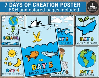 The 7 Days of Creation Flash card, Printable Bible Activity, Watercolor, Kids Bible Lesson, Memory Game, Sunday School