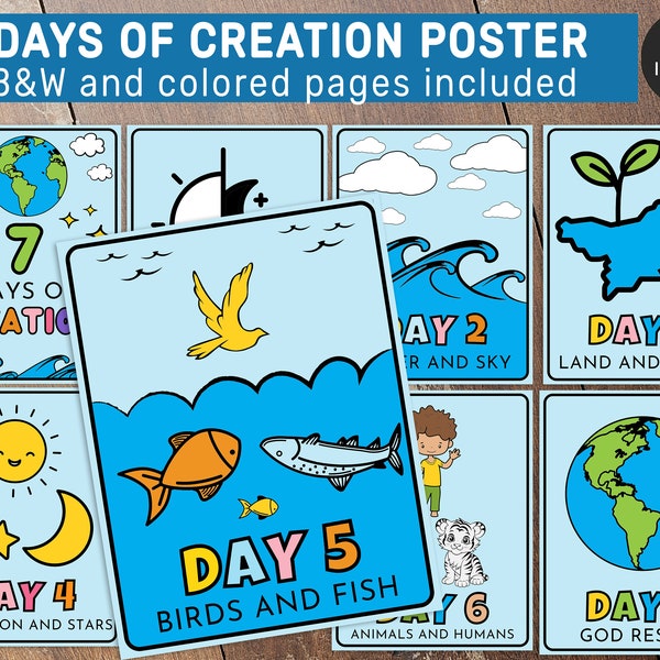 The 7 Days of Creation Flash card, Printable Bible Activity, Watercolor, Kids Bible Lesson, Memory Game, Sunday School