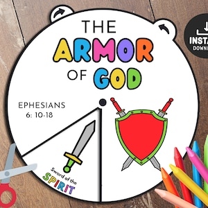 Armor of God Coloring Wheel, Bible Activity, Bible Lesson, Memory Game, Sunday School, Sunday school crafts, Coloring spinner, Bible story