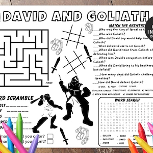 Puede incluir: Hoja de actividades imprimible en blanco y negro con un laberinto, una palabra revuelta y una búsqueda de palabras. El tema es David y Goliat de la Biblia. El texto incluye las palabras "START", "FINISH", "WORD SCRAMBLE", "MATCH THE ANSWERS", "INSTANT DOWNLOAD" y "WORD SEARCH".