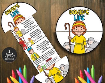 May include: A colorful educational craft kit with the title "David's Life" and illustrations of David as a shepherd and king. The kit includes text about David's life and a download icon. Crayons are visible.