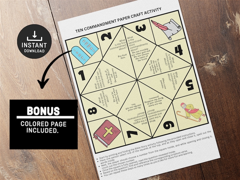 May include: A printable paper craft activity for kids to learn about the Ten Commandments. The activity features a colorful origami-style game board with questions and answers about the Ten Commandments. The game board is designed to be folded and unfolded, revealing different questions and answers.