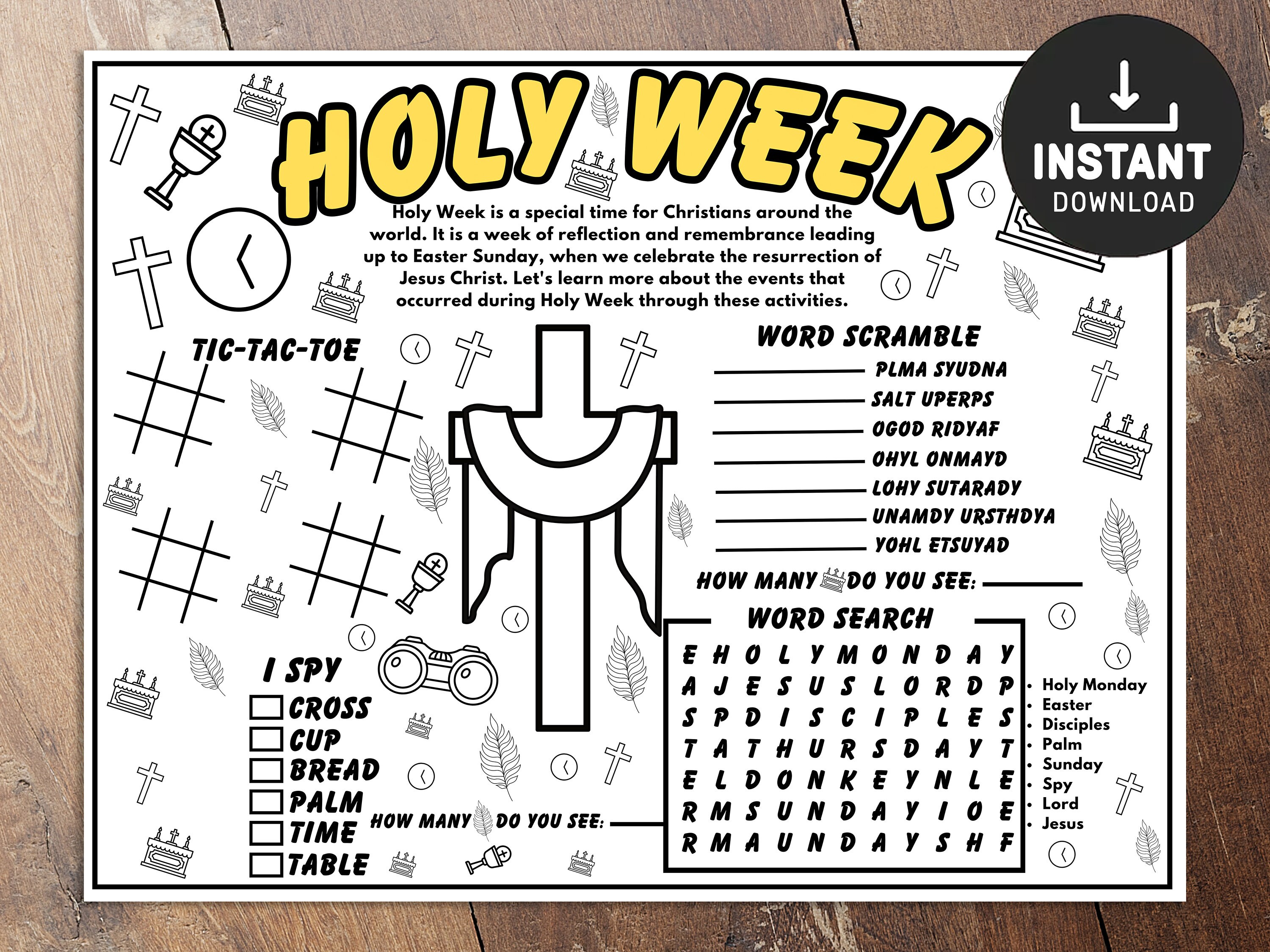 Holy Week Bible Activity, Activity Placemat, Sunday School Lesson, Coloring Placemat, Easter Church Craft, Palm Sunday Activity, Holy Week