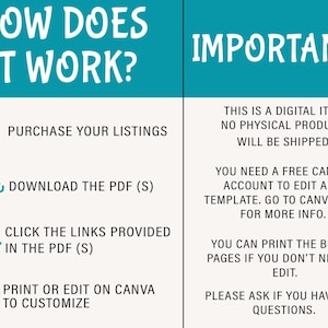 Pode incluir: Uma infografia em verde-azulado e branco com o t&iacute;tulo "COMO FUNCIONA?" e passos numerados. Os passos incluem a compra de listagens, o download de um PDF, clicar em links e imprimir ou editar no Canva. O lado direito diz "IMPORTANTE!".