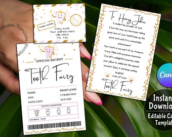 Printable Mini Tooth Fairy Set Blue with envelope, receipt and fairy letter, Instant Download and fully editable tooth fairy set, Canva link