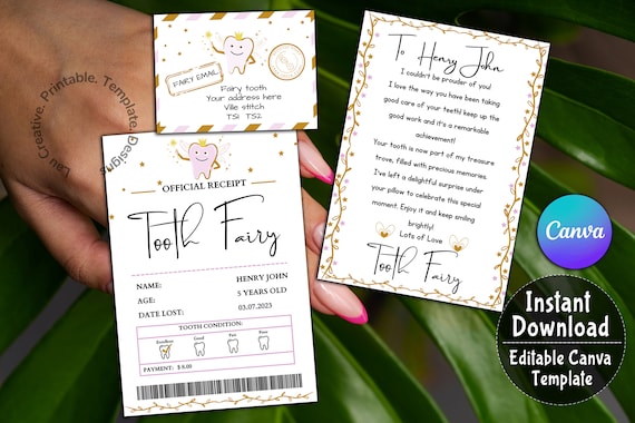 Printable Mini Tooth Fairy Set Blue with envelope, receipt and fairy letter, Instant Download and fully editable tooth fairy set, Canva link