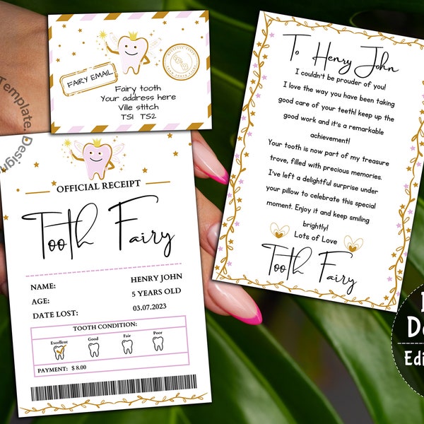 Printable Mini Tooth Fairy Set Blue with envelope, receipt and fairy letter, Instant Download and fully editable tooth fairy set, Canva link