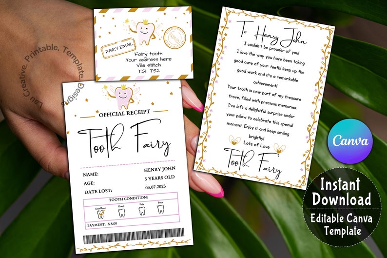 May include: A printable tooth fairy receipt template with a pink and gold design. The receipt includes fields for the child's name, age, date the tooth was lost, tooth condition, and payment amount. The template also includes a note from the tooth fairy.