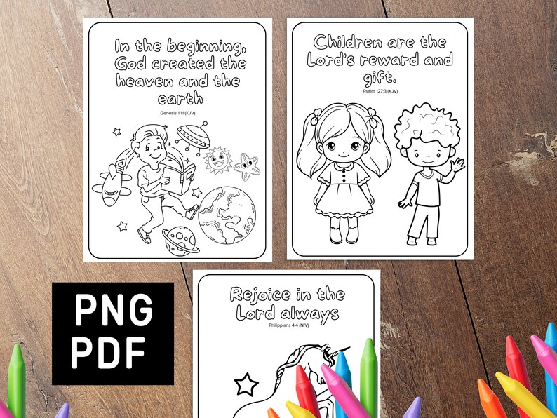 May include: Three black and white colouring pages with bible verses. The first page features a boy holding a book with planets and stars in the background. The second page features a girl and a boy. The third page features a unicorn with a star.