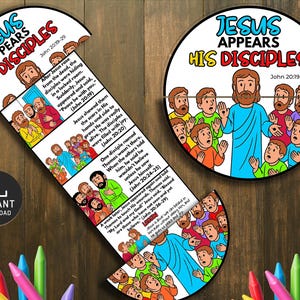 May include: A vibrant illustration depicting Jesus and his disciples, with the text "JESUS APPEARS HIS DISCIPLES" and Bible verses from John 20:19-29. The image includes a downloadable icon.