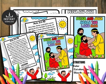 Peter und Johannes heilt den Gelähmten Bibelgeschichtenhandwerk, Bibelstunde, Sonntagsschulstunde, Sonntagsschulhandwerk, Kirchenaktivität, Minibuch