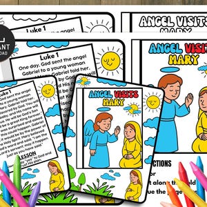 Può includere: Un set di pagine da colorare stampabili con il testo "Angel Visits Mary" e "Luke 1". Le illustrazioni raffigurano l'angelo Gabriele che fa visita a Maria, con un sole e delle nuvole. L'immagine include un'icona di download e pastelli colorati.