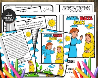 May include: A set of printable coloring pages with the text "Angel Visits Mary" and "Luke 1". The illustrations depict the angel Gabriel visiting Mary, with a sun and clouds. The image includes a download icon and colorful crayons.