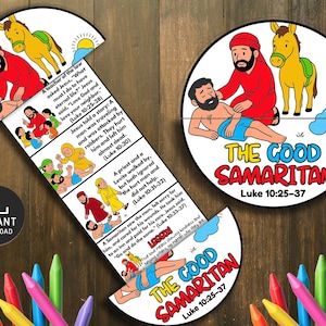 May include: A colorful children's educational puzzle featuring illustrations from the Bible story of The Good Samaritan. The puzzle includes images of people, a donkey, and text from Luke 10:25-37. The words "Instant Download" are also visible.