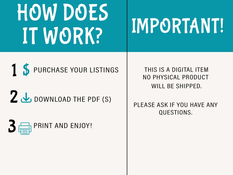 May include: A teal and white graphic with the text "How Does It Work?" and "Important!"  The graphic outlines three steps: 1. Purchase your listings, 2. Download the PDF (S), and 3. Print and enjoy!  The text below "Important!" reads: "This is a digital item, no physical product will be shipped. Please ask if you have any questions."