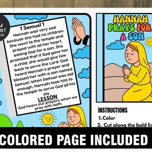 Peut inclure: Une page &agrave; colorier imprimable avec le texte "1 Samuel 1" et "Hannah Prie pour un Fils". La page comprend des illustrations d'une femme priant, d'un soleil et de nuages. Le texte "COLORED PAGE INCLUDED" est en bas.