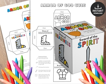 May include: A printable coloring page for a paper cube with the Armor of God theme. The cube has six sides, each with a different part of the armor, including the Sword of the Spirit, Breastplate of Righteousness, Shoes of Readiness, and Helmet of Salvation. The cube is designed to be cut out, folded, and glued together. The page also includes instructions for coloring and assembling the cube.